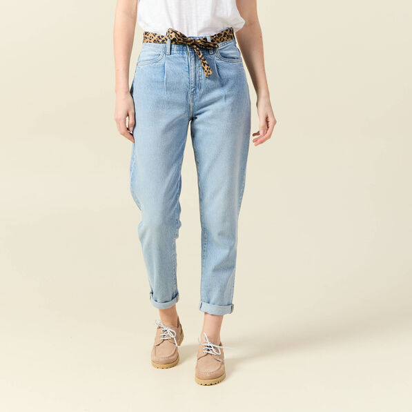 Jeans mom ceinture foulard denim bleach femme
