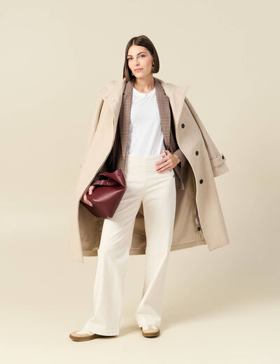 Pantalon large taille haute en velours ivoire femme