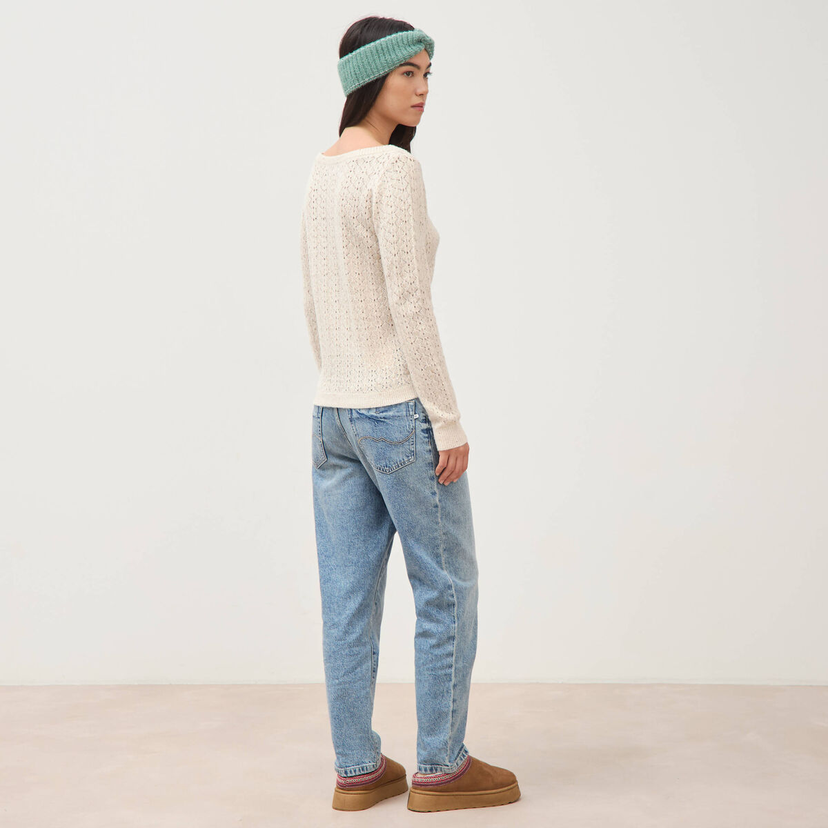 Pull manches longues col bateau creme femme