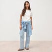 T-shirt droit col rond brod&eacute; en coton ivoire femme