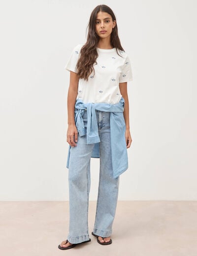 T-shirt droit col rond brod&eacute; en coton ivoire femme
