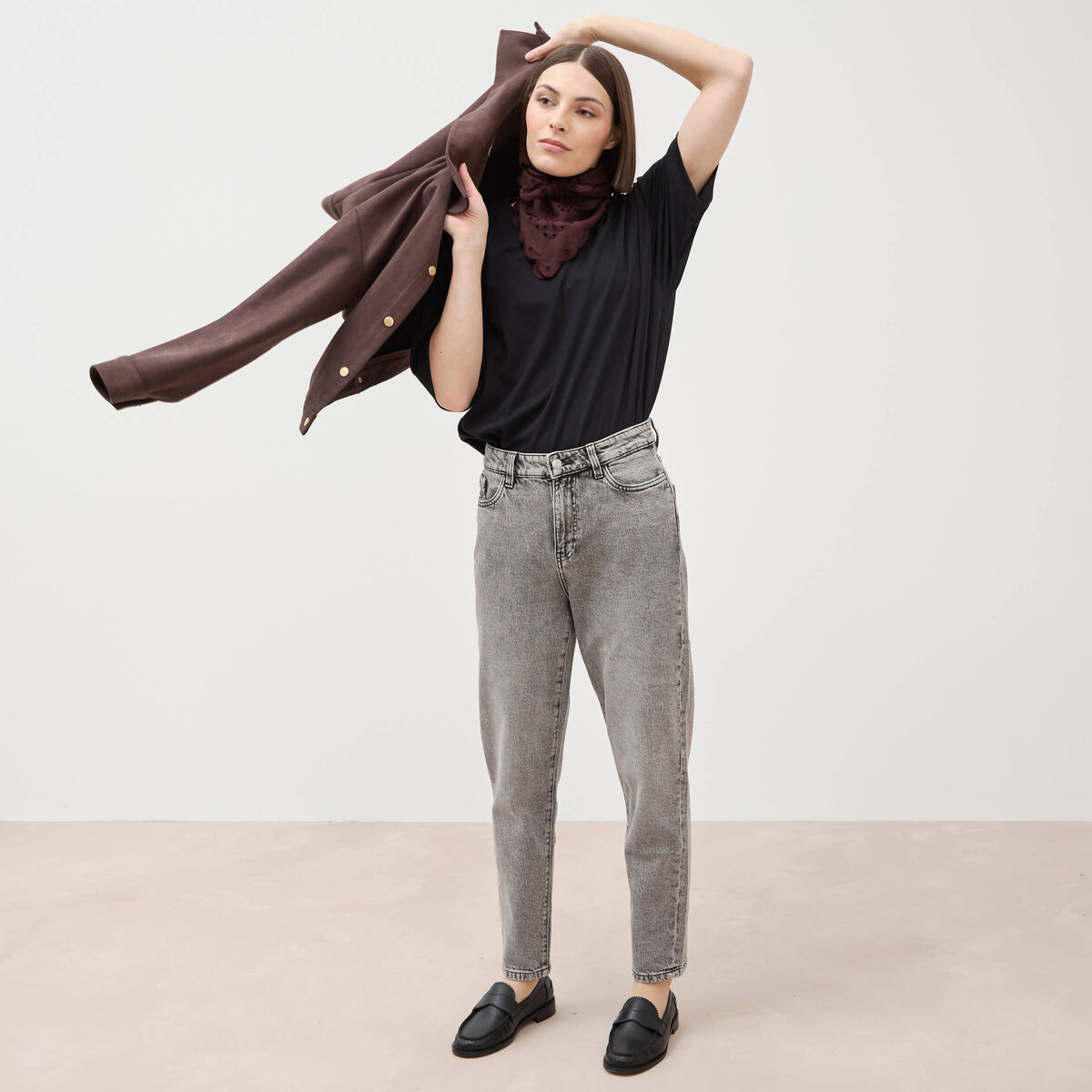 Jeans mom 7/8&egrave;me denim snow gris femme