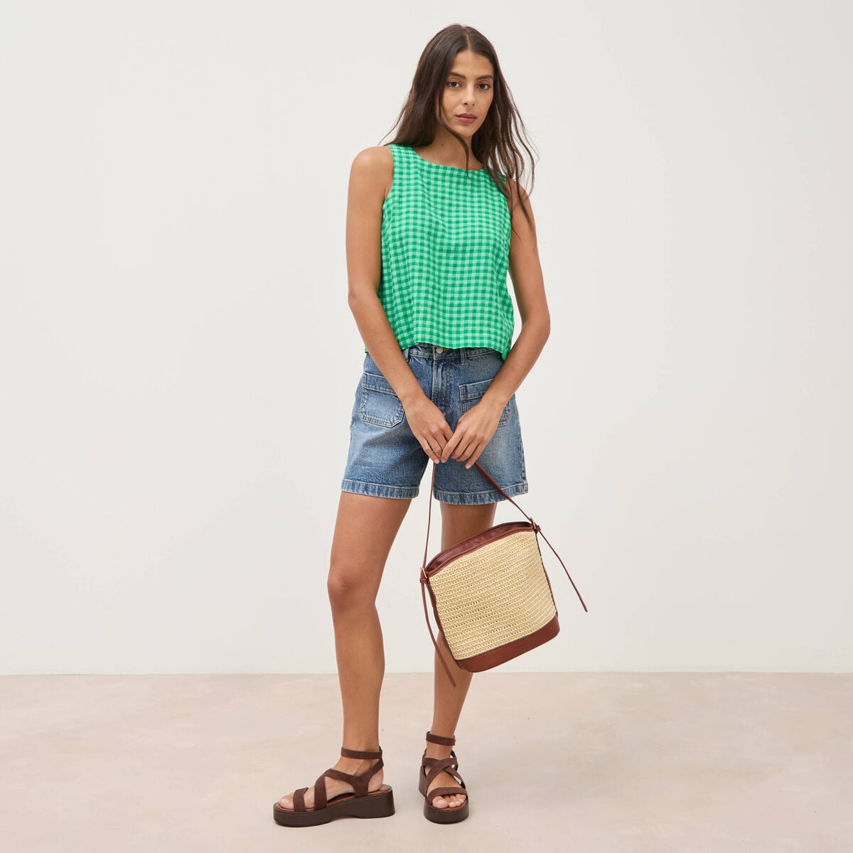 Blouse vichy droite cropped sans manches vert femme