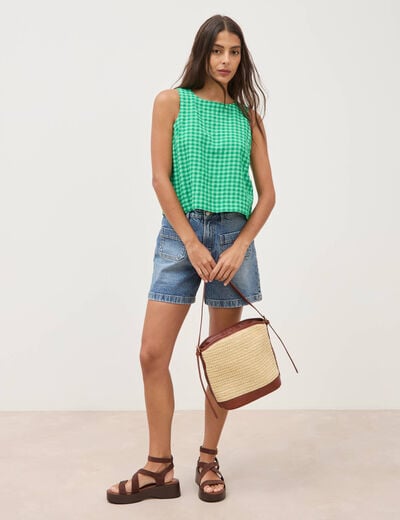 Blouse vichy droite cropped sans manches vert femme