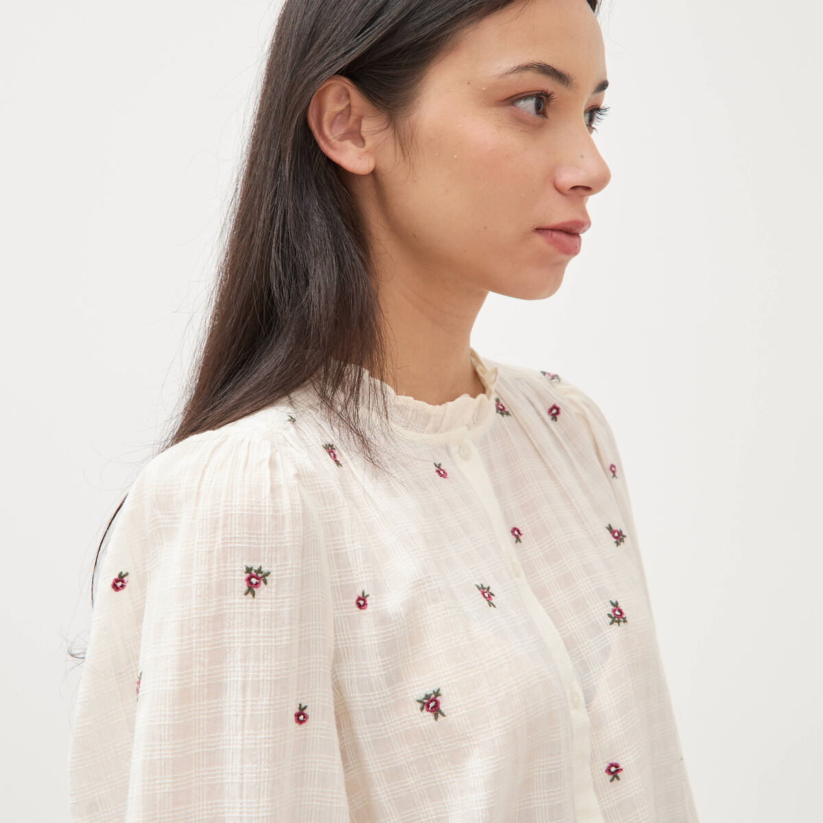 Chemise manches longues en coton brod&eacute;e blanc femme