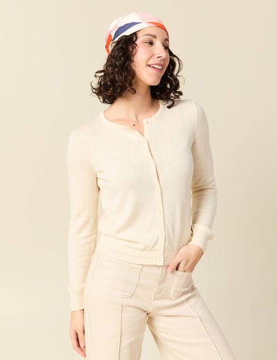 Gilet manches longues col rond creme femme