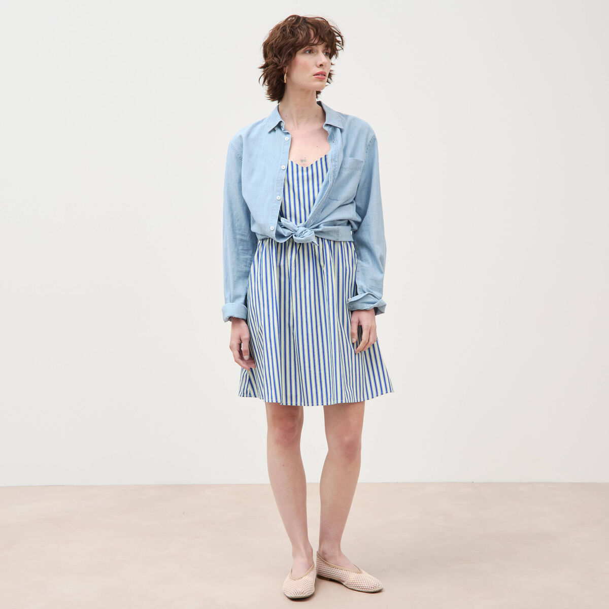 Robe bretelle col c&oelig;ur en coton bleu femme