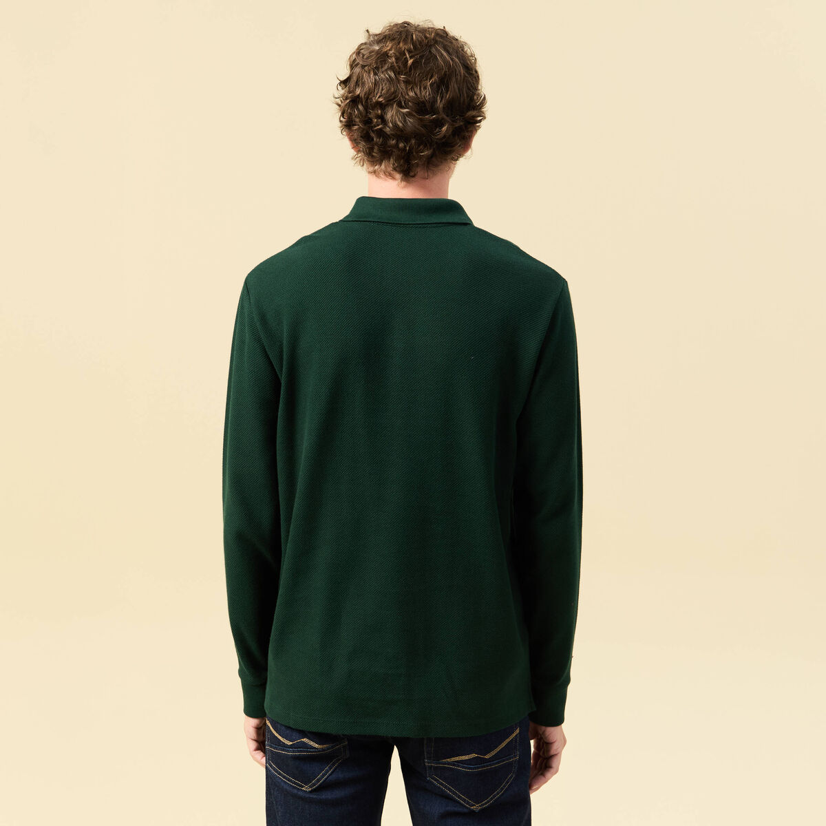 Polo manches longues en coton vert fonc&eacute; homme