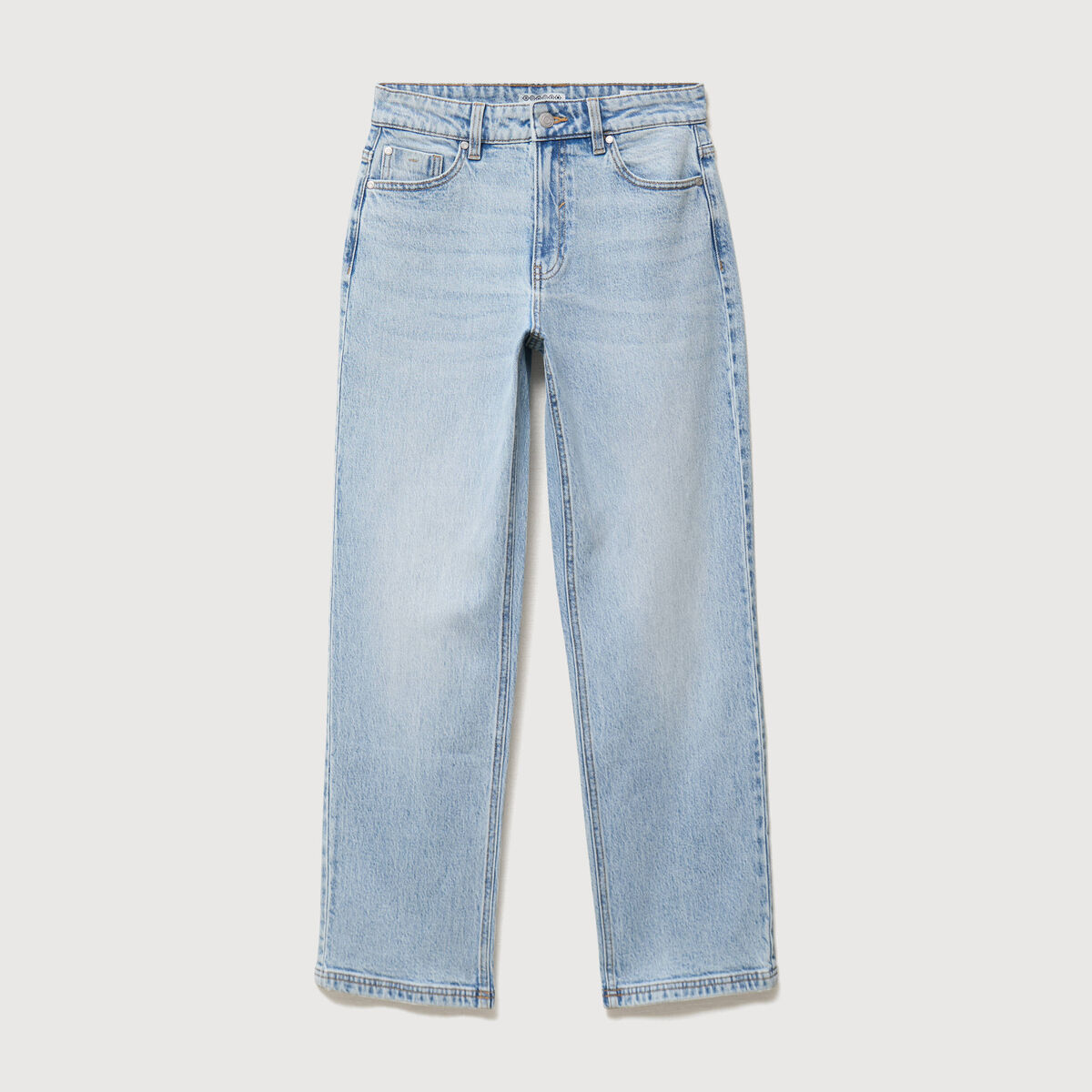 Jeans straight 7/8&egrave;me taille haute denim bleach femme