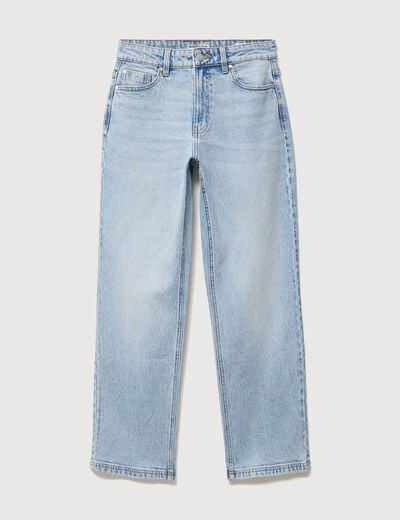 Jeans straight 7/8&egrave;me taille haute denim bleach femme