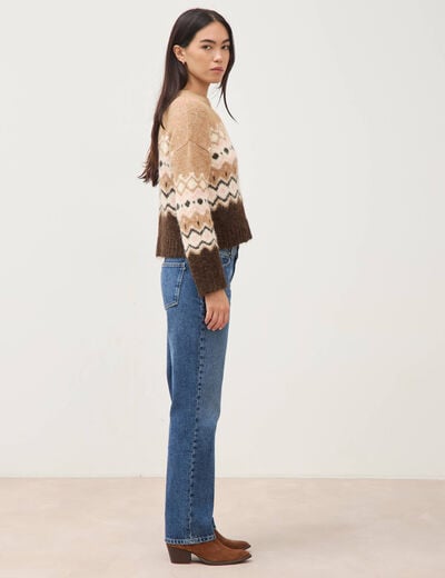Pull droit col rond manches longues marron femme