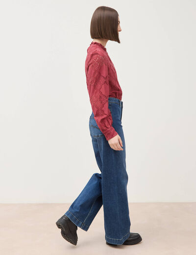 Blouse cintr&eacute;e dentelle manches longues rouge fonc&eacute; femme