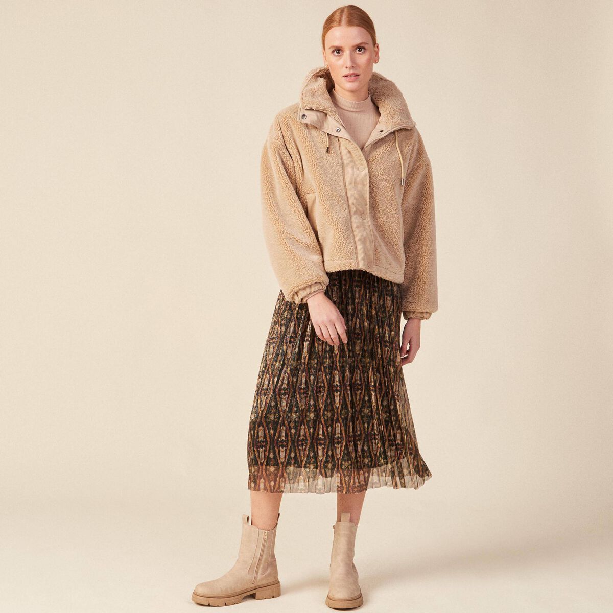 Jupe longue évasée plissée camel femme
