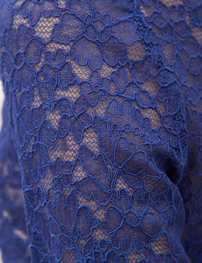 T-shirt ajust&eacute; dentelle manches longues bleu fonc&eacute; femme
