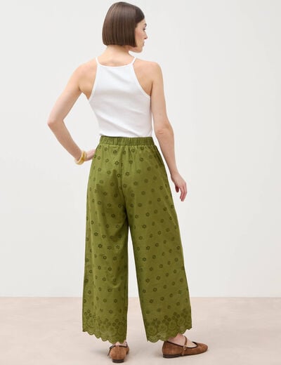 Pantalon droit 7/8&egrave;me brod&eacute; vert kaki femme