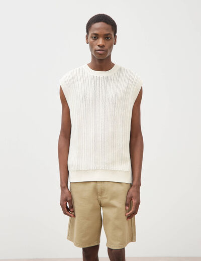 Pull sans manches col rond en coton ecru homme