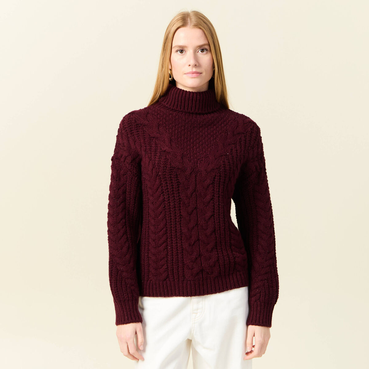 Pull manches longues col roulé rouge foncé femme