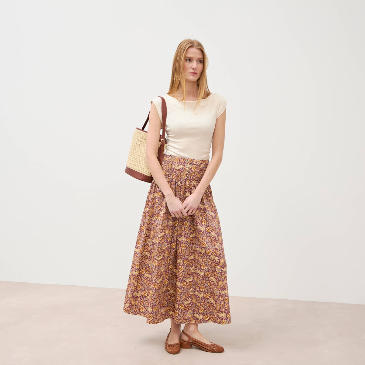 Jupe longue &eacute;vas&eacute;e en coton beige moyen femme