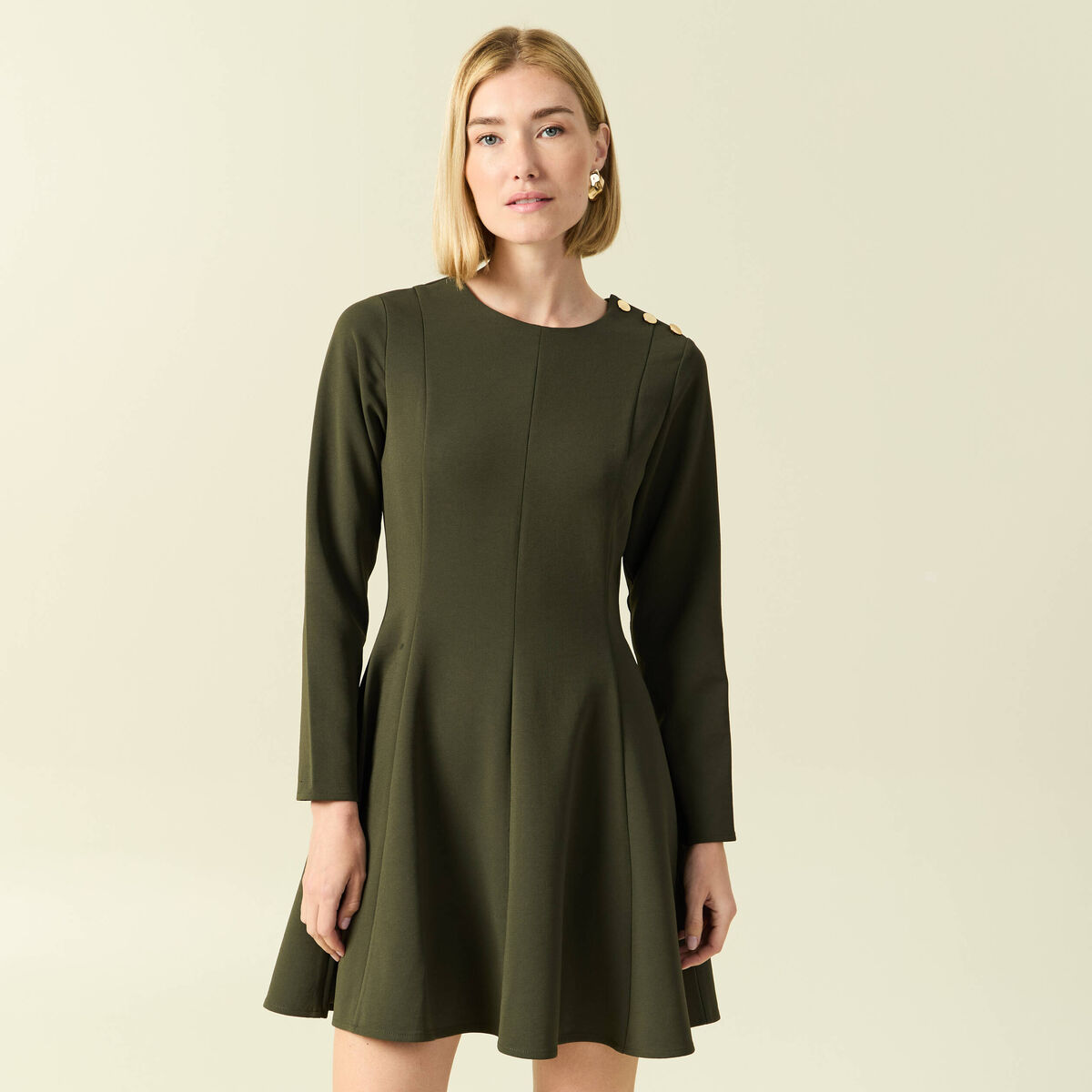 Robe fluide manches longues col rond vert kaki femme