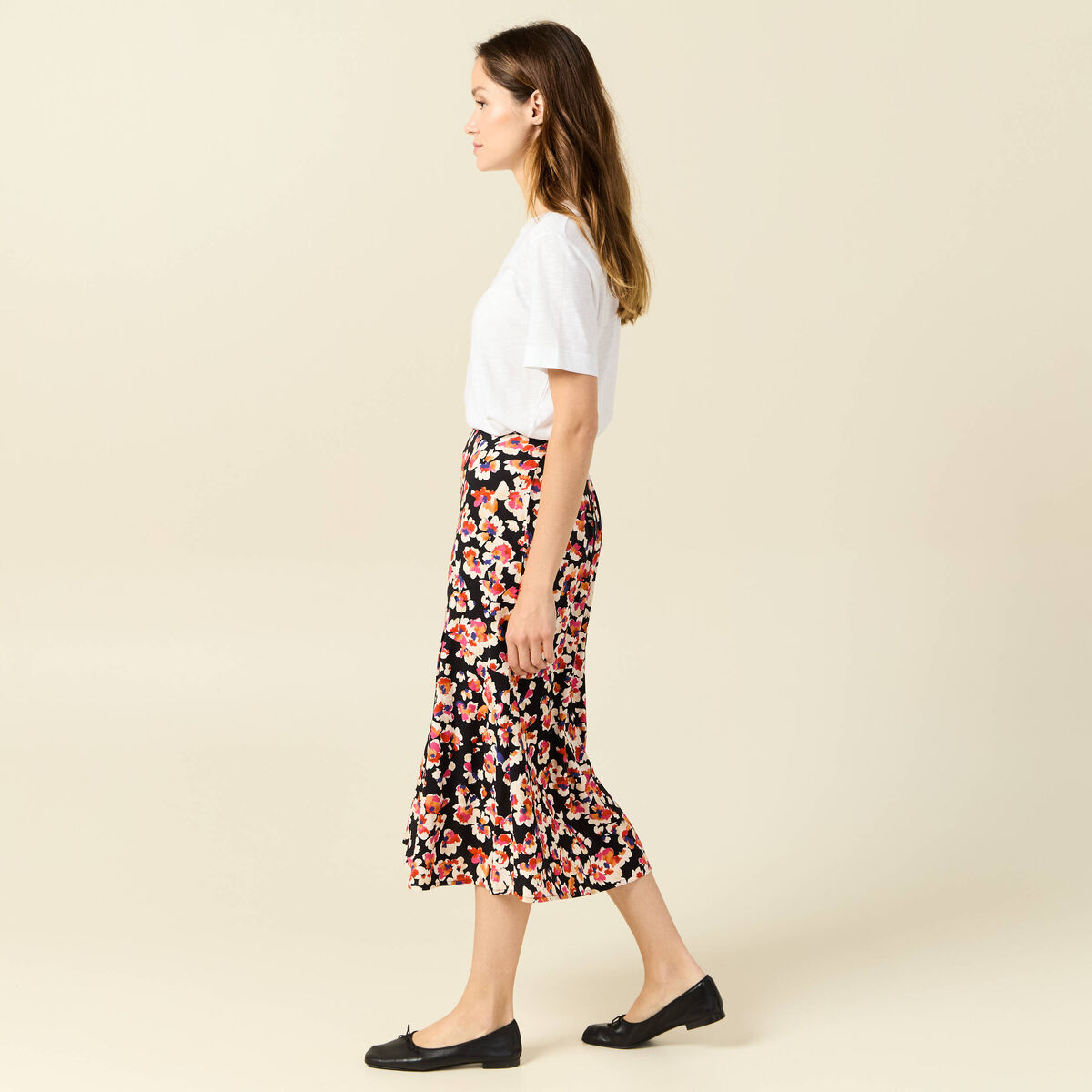 Jupe midi évasée fluide noir femme