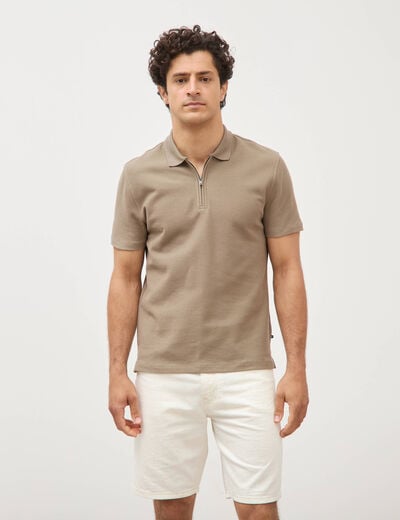 Polo en coton avec zip manches courtes taupe homme