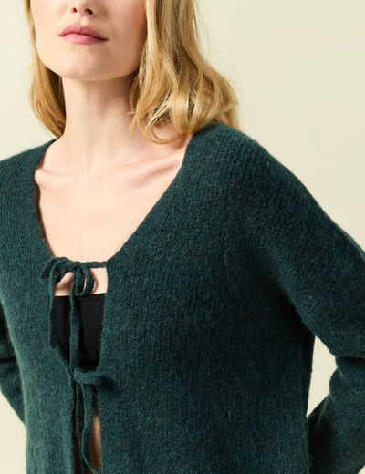 Gilet col V manches longues n&oelig;uds vert fonc&eacute; femme