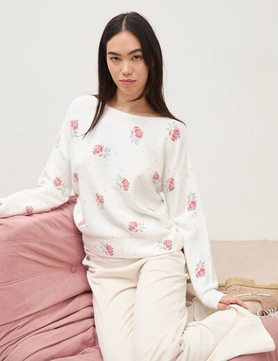 Pull col bateau manches longues ecru femme