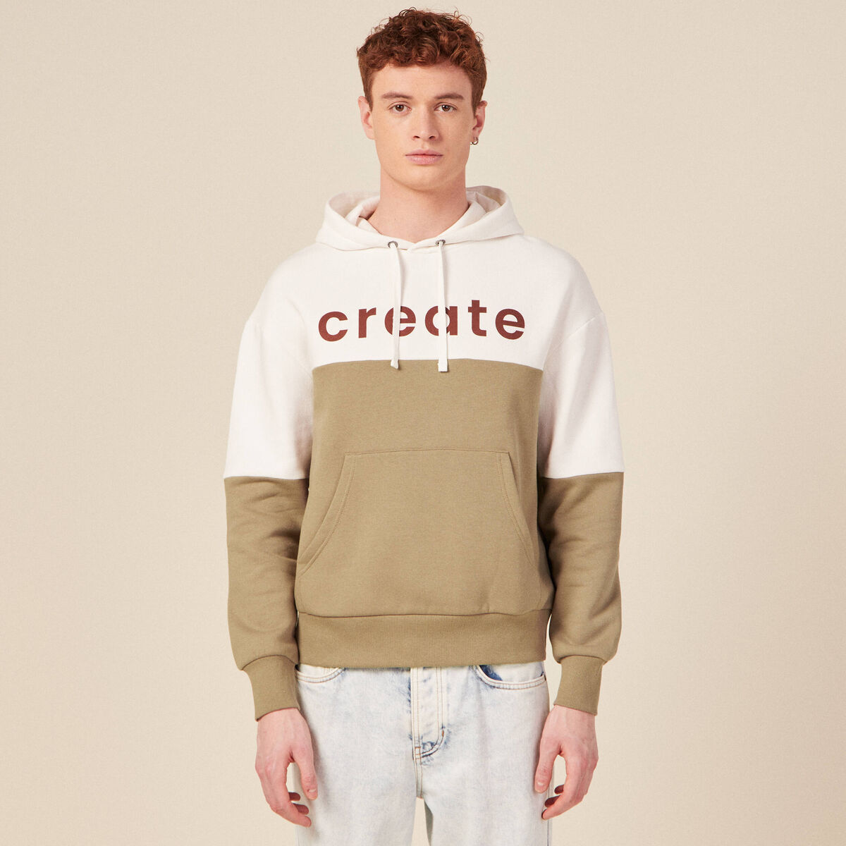 Sweat &agrave; capuche manches longues taupe homme