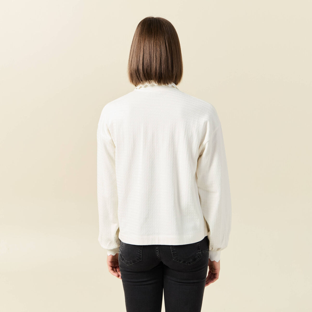 Sweat manches longues col polo ecru femme