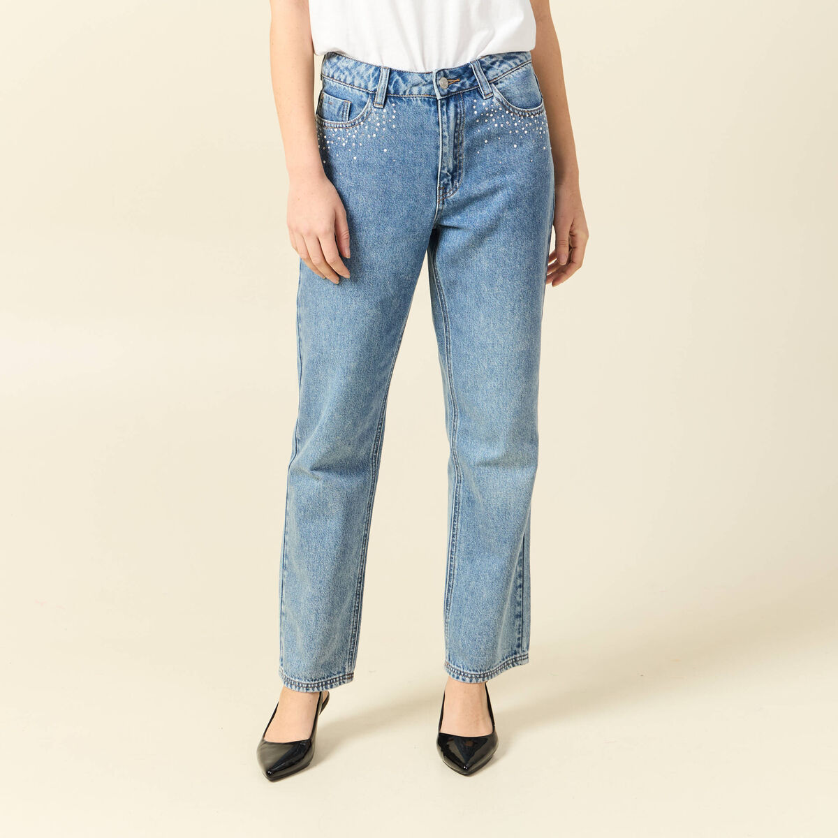 Jeans taille haute avec strass denim used femme