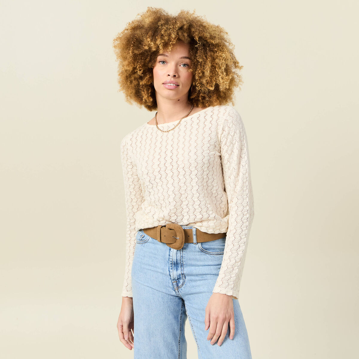 T-shirt manches longues ajouré ecru femme