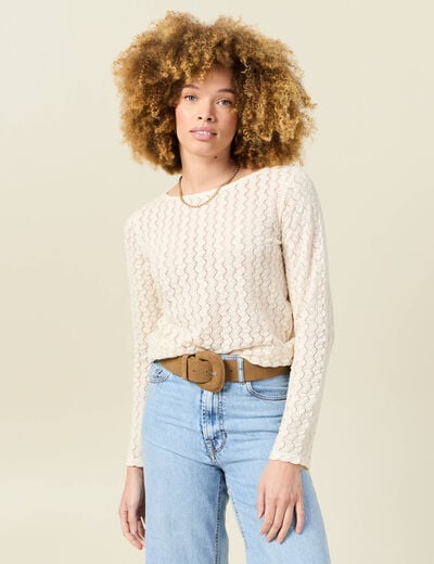 T-shirt manches longues ajouré ecru femme
