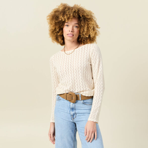 T-shirt manches longues ajouré ecru femme