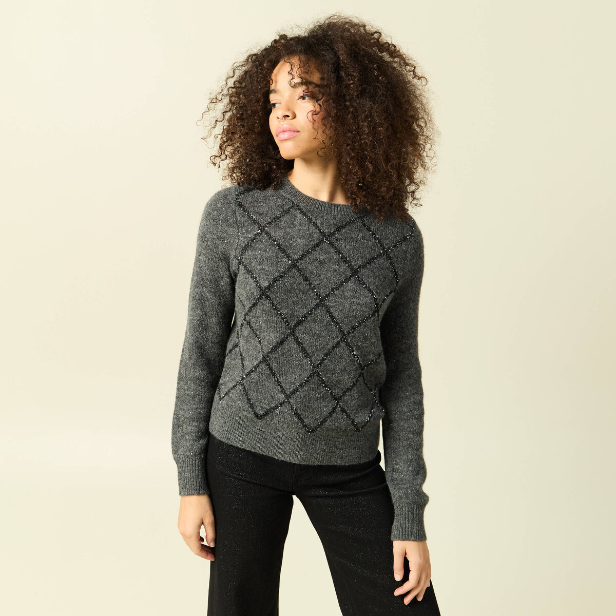 Pull manches longues &agrave; sequins gris fonc&eacute; femme