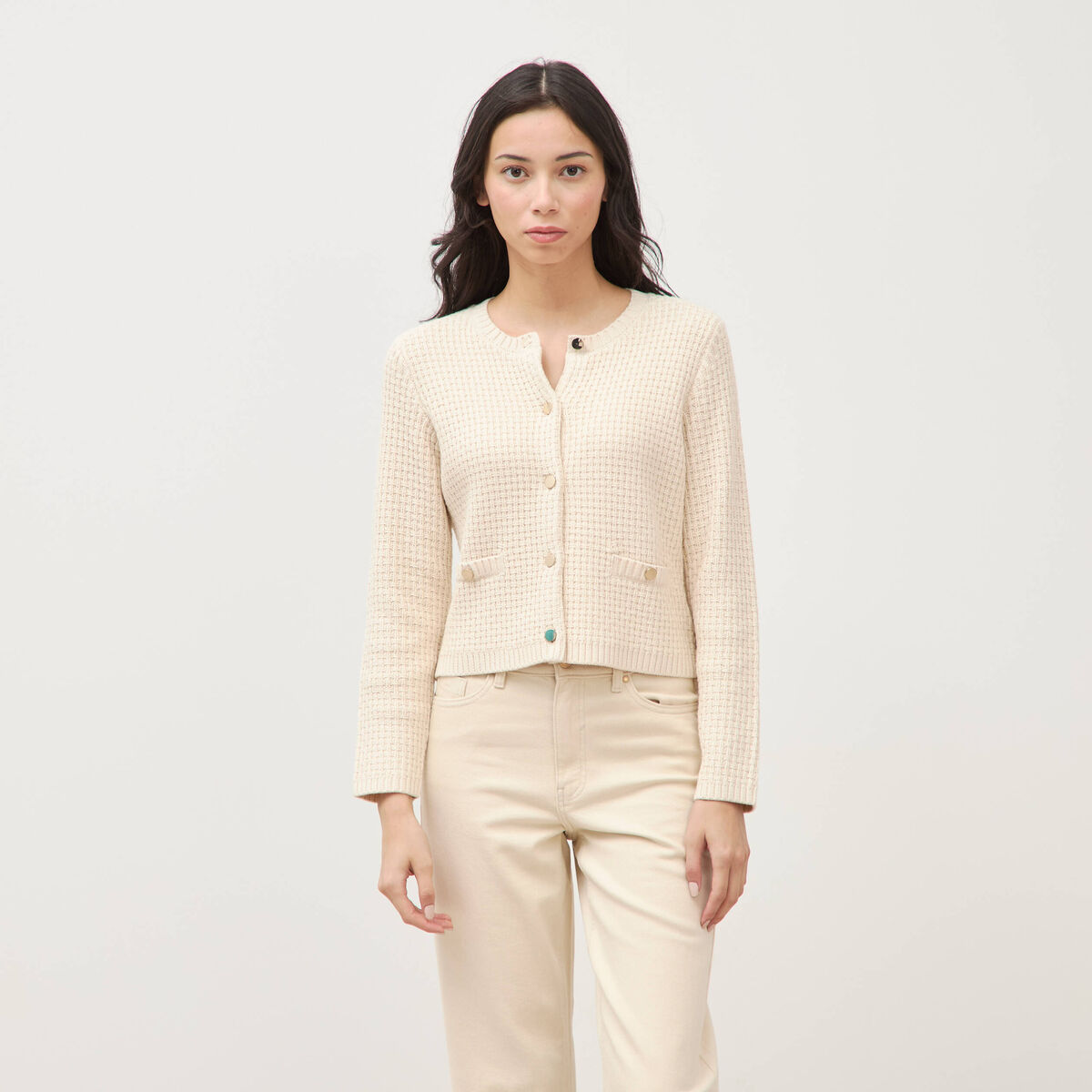 Gilet droit court manches longues ivoire femme