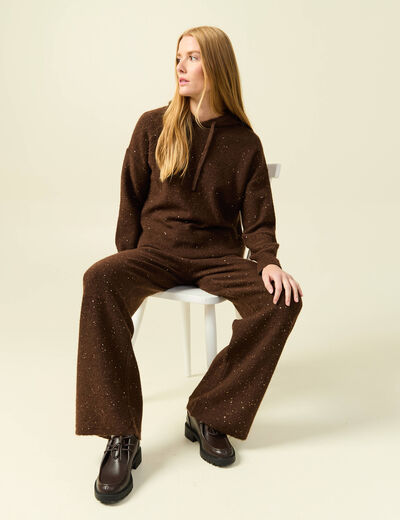 Pantalon large taille haute en maille marron fonc&eacute; femme