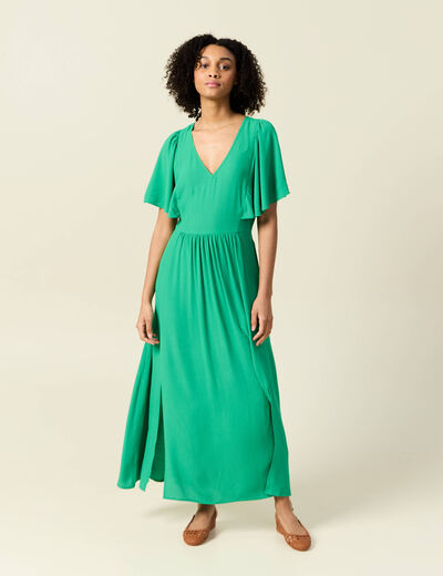 Robe longue évasée fendue vert femme