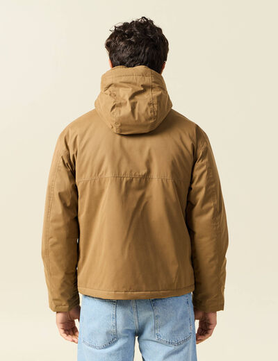 Parka droite courte &agrave; capuche beige homme