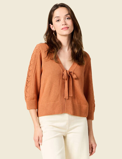 Kimono ajour&eacute; col v manches 3/4 rouge fonc&eacute; femme
