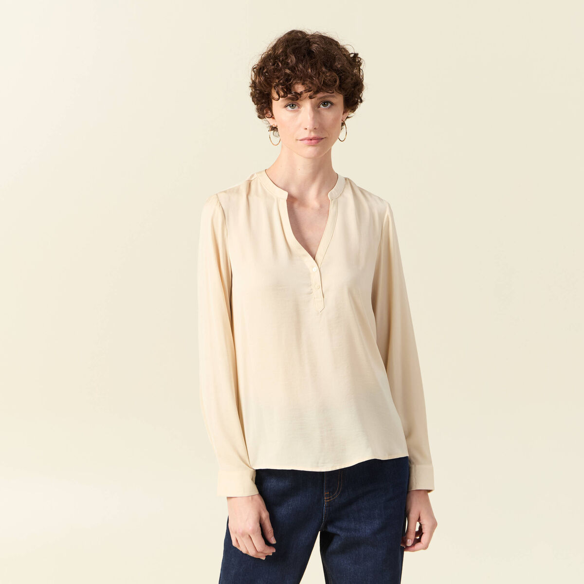 Blouse manches longues satin creme femme