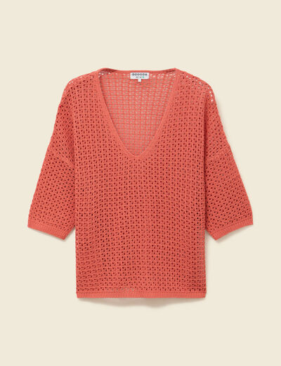 Pull ajour&eacute; col v manches 3/4 rouge fonc&eacute; femme