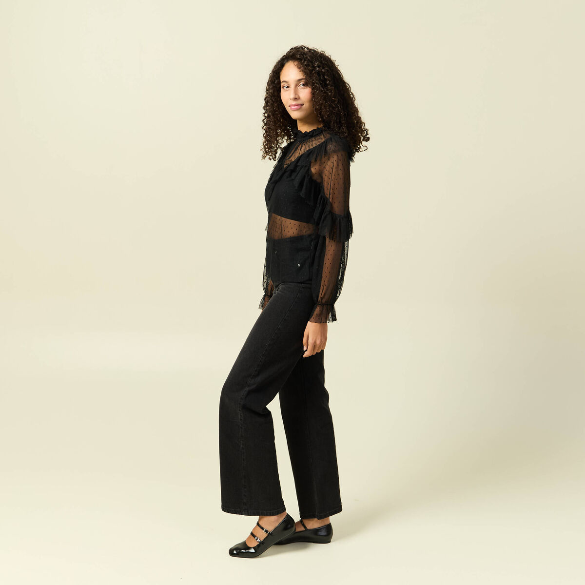 Blouse transparente manches longues noir femme