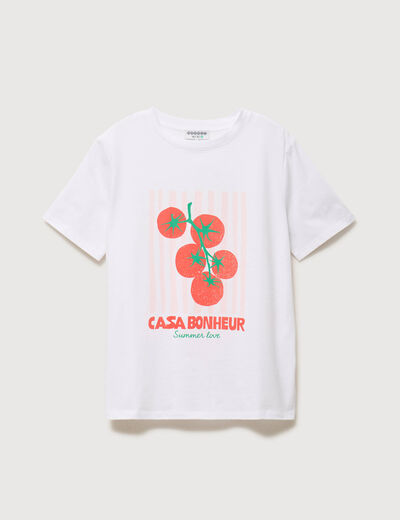 T-shirt &agrave; motif en coton manches courtes blanc femme