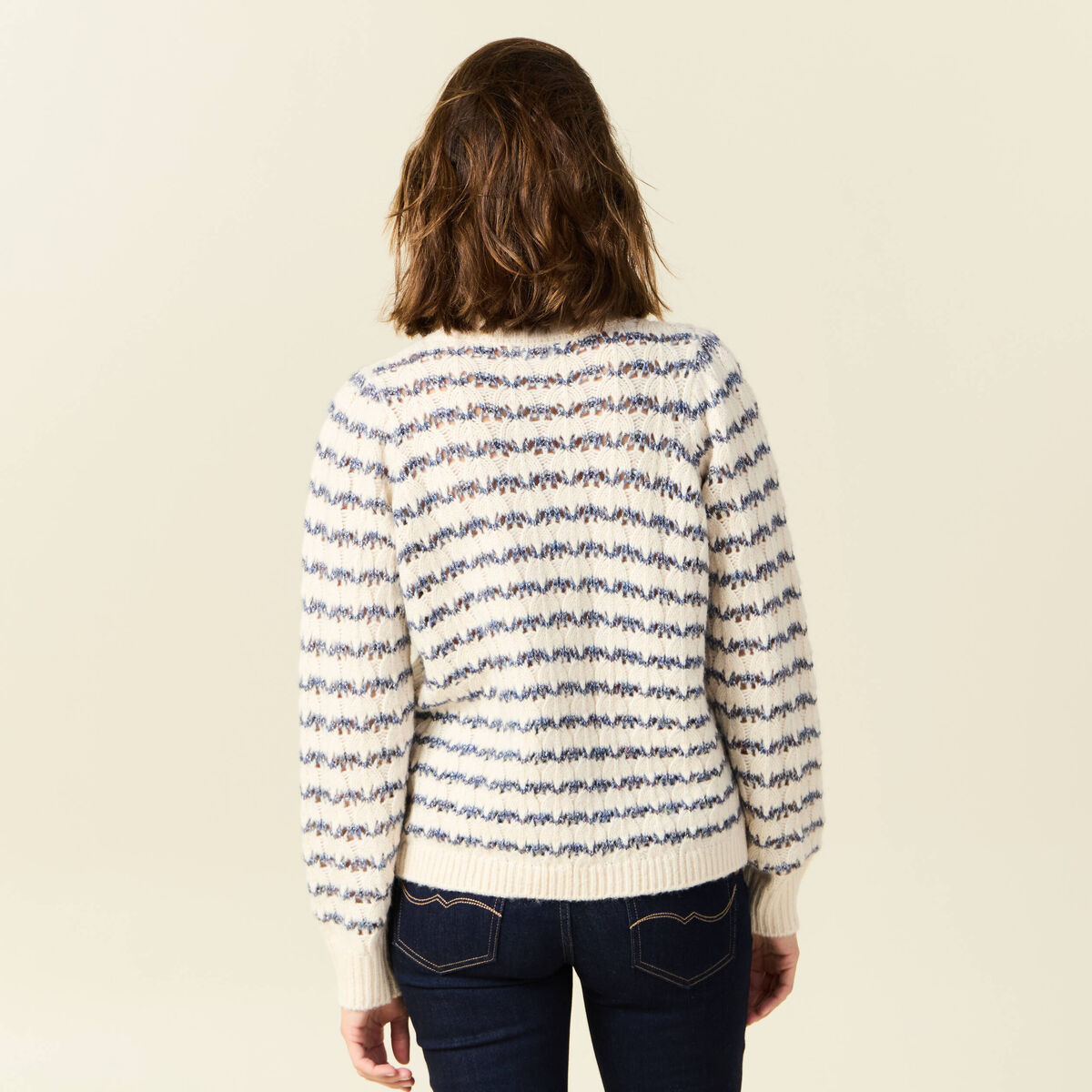 Pull manches longues ajouré ecru femme