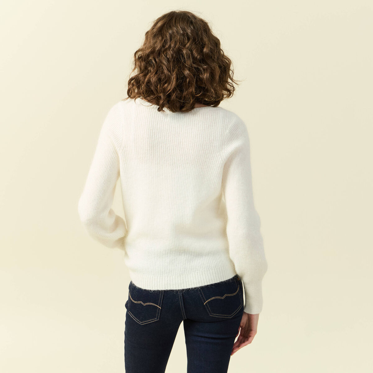 Pull col bateau manches longues ecru femme