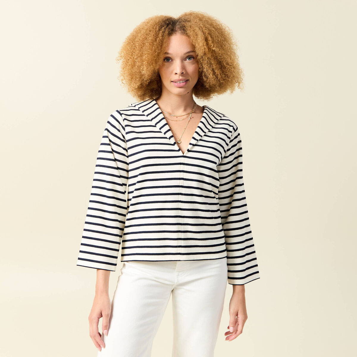 T-shirt col V manches longues ecru femme
