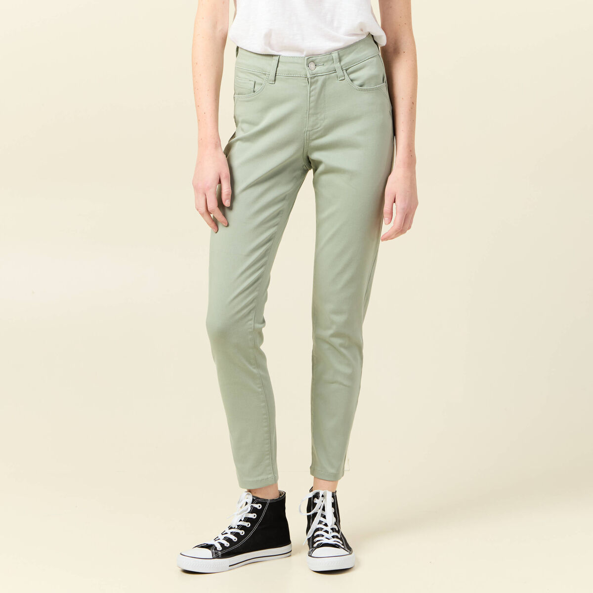 Pantalon skinny push-up 7/8ème vert olive femme