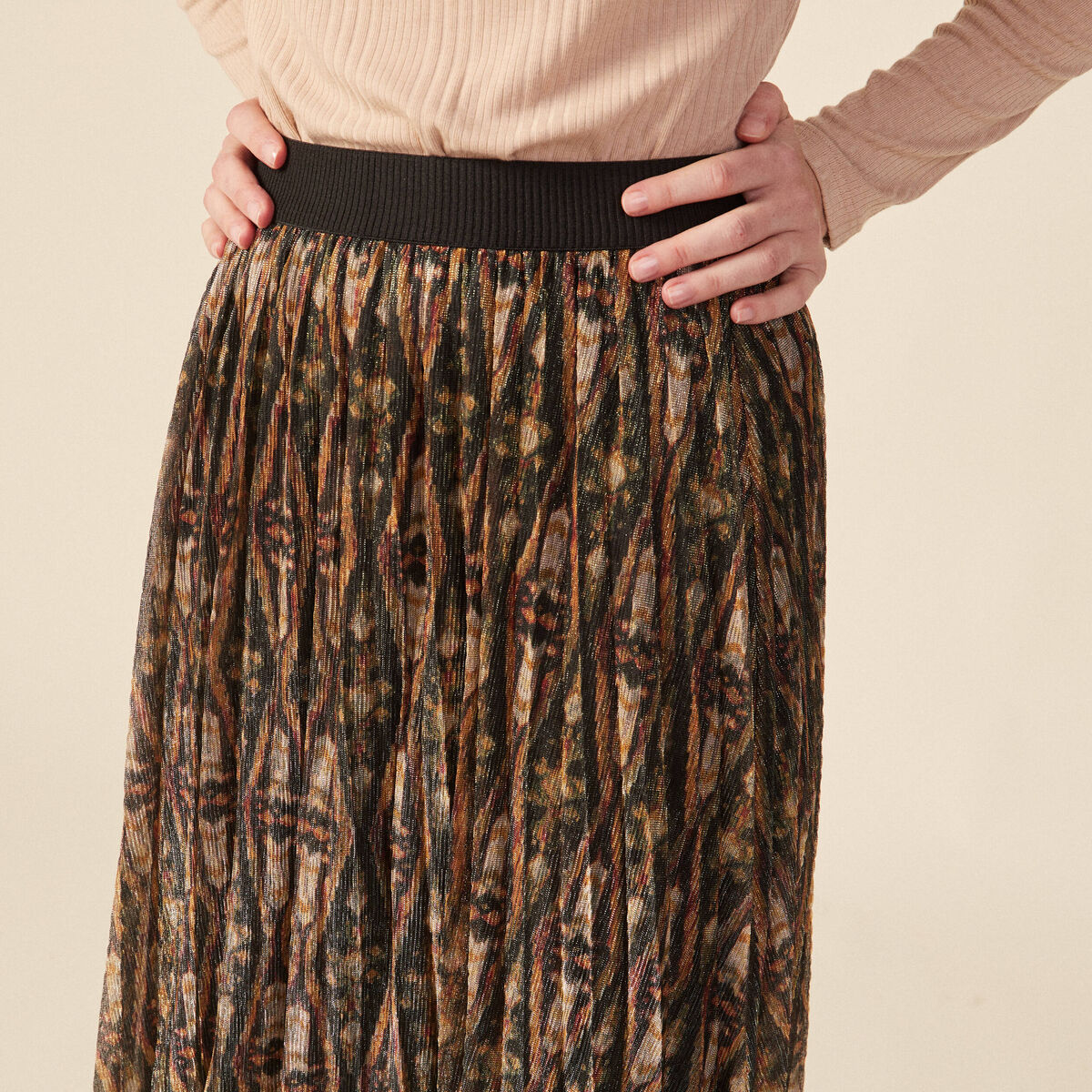 Jupe longue évasée plissée camel femme