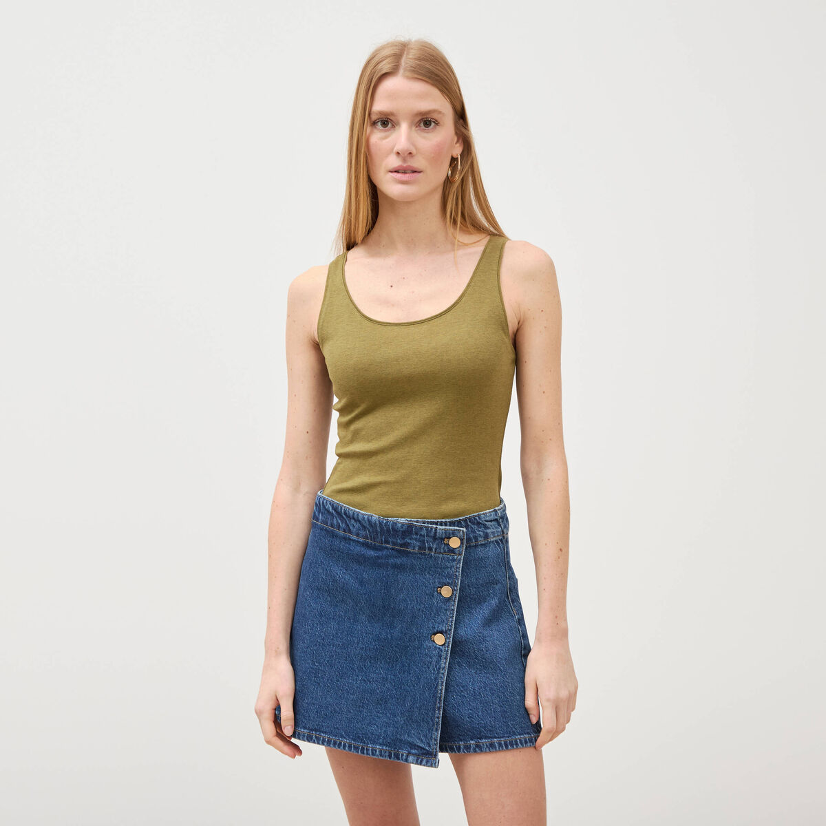 Jupe-short taille haute en jeans denim stone femme