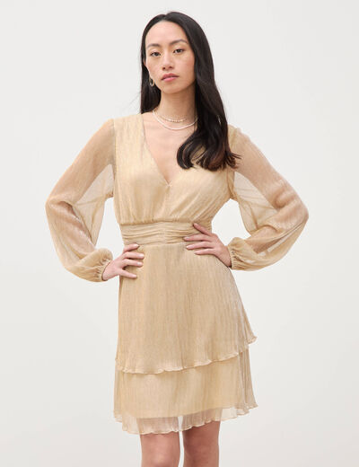 Robe manches longues doubl&eacute;e beige femme